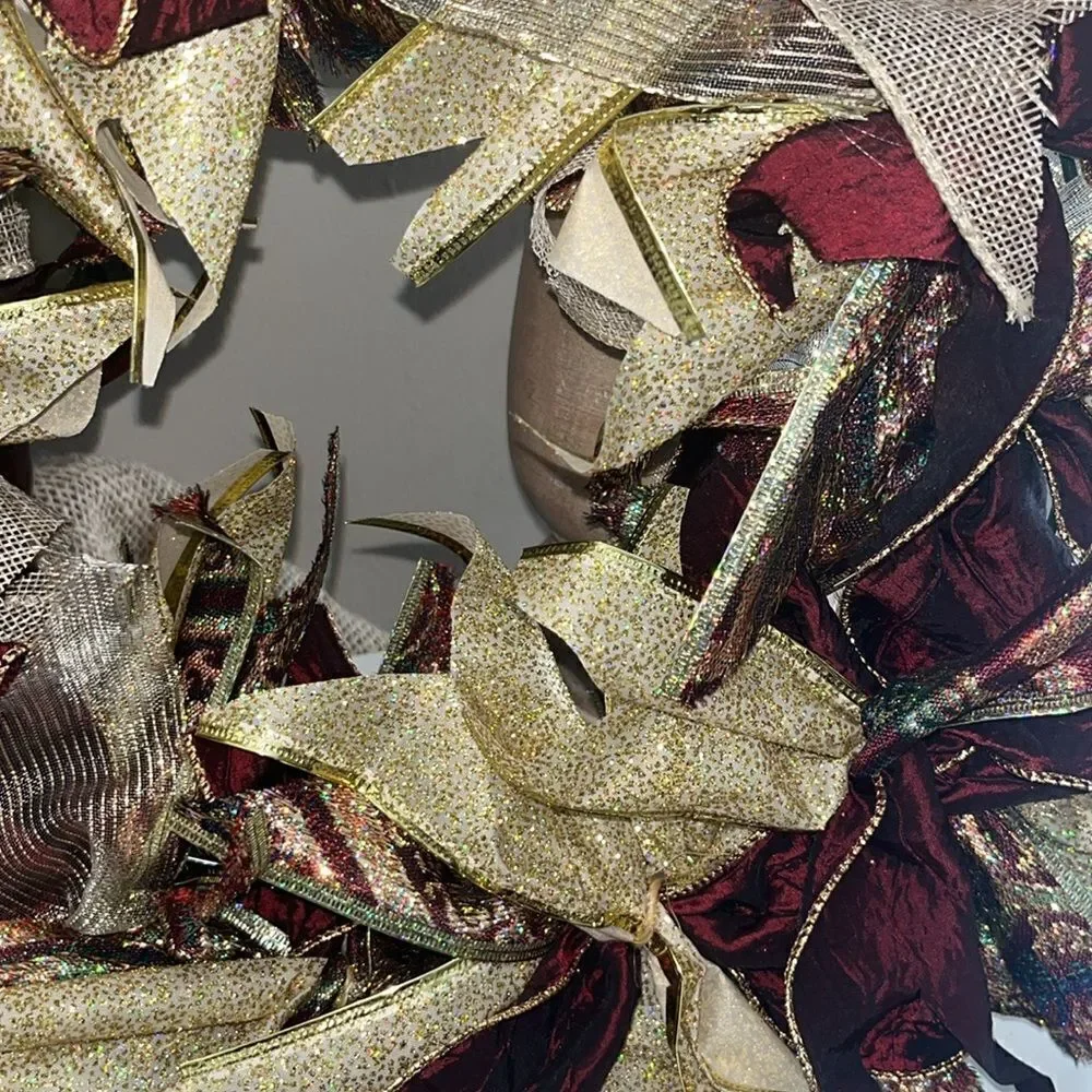 Handmade Dark Red Tan Gold Holiday Christmas Ribbon Twine Wreath Made on 12”
